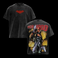 Retro Red Hood Flat Solid Red Bat Symbol Front Chest Print & Thick Bold Outlined