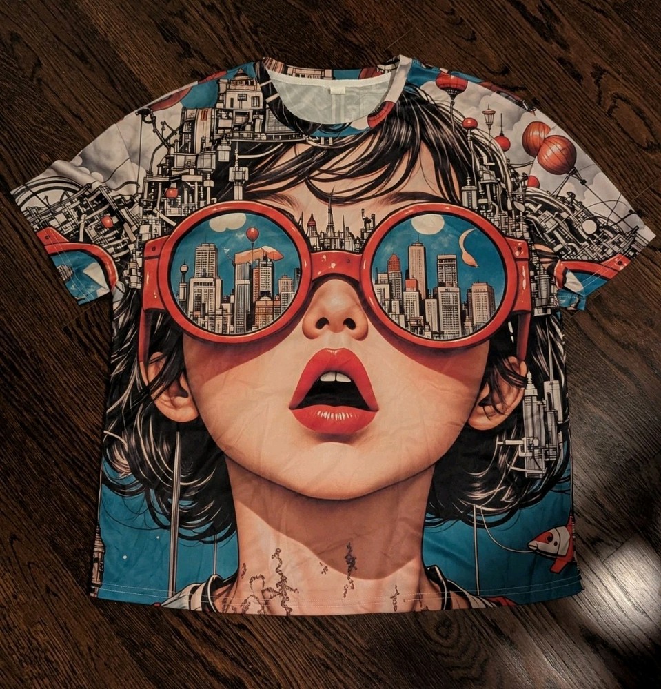 Anime Girl Cyberpunk T Shirt 2XL All Over Print City Glasses Harajuku Streetwear