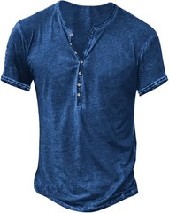 Mens Distressed Henley Shirt Short Sleeve Retro Washed Casual Slim Fit Tee