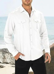 Men’s Cotton Linen Double Pocket Shirt Breathable Casual Smart Fit Holiday Gift