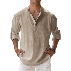 Men’s Cotton Linen Henley Long Sleeve Shirt Casual Beach T-shirt Tee Summer Gift