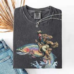 Cowboy Riding Rainbow Trout T-Shirt Size S