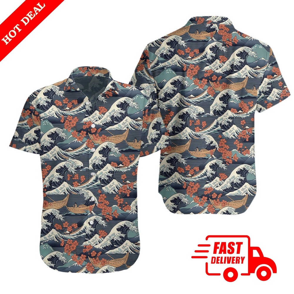Ukiyo-e Sakura Wave Men Hawaiian Shirt Japanese Print Pleated Button Down Beach