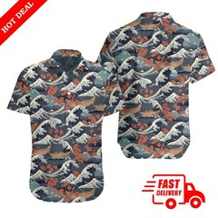 Ukiyo-e Sakura Wave Men Hawaiian Shirt Japanese Print Pleated Button Down Beach