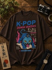 K-Pop Demon Cat Streetwear Tee – Anime Style Graphic Monster Cat T-Shirt