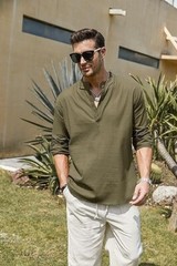 COOFANDY Men’s Cotton Linen Henley T-Shirt Long Sleeve Hippie Casual Beach green