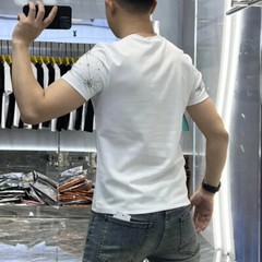 New Fashion Star Rhinestone Summer Short Sleeve Luxury Black White Men T-Shirt