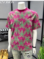 Men’s Pink Floral Print T-Shirt Casual Short Sleeve Cotton Crew Neck Summer Tee
