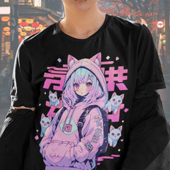 Pastel Goth Anime Mystic Cat Oversized T-shirt | Harajuku Streetwear