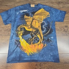 Vintage The Mountain T Shirt Men’s Medium Blue Fire Breathing Dragon Leather Tag