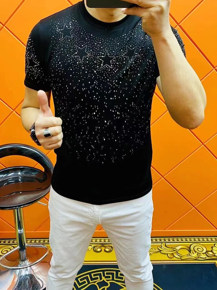 New Fashion Star Trend Rhinestones Summer Short Sleeve Luxury Men T-Shirt