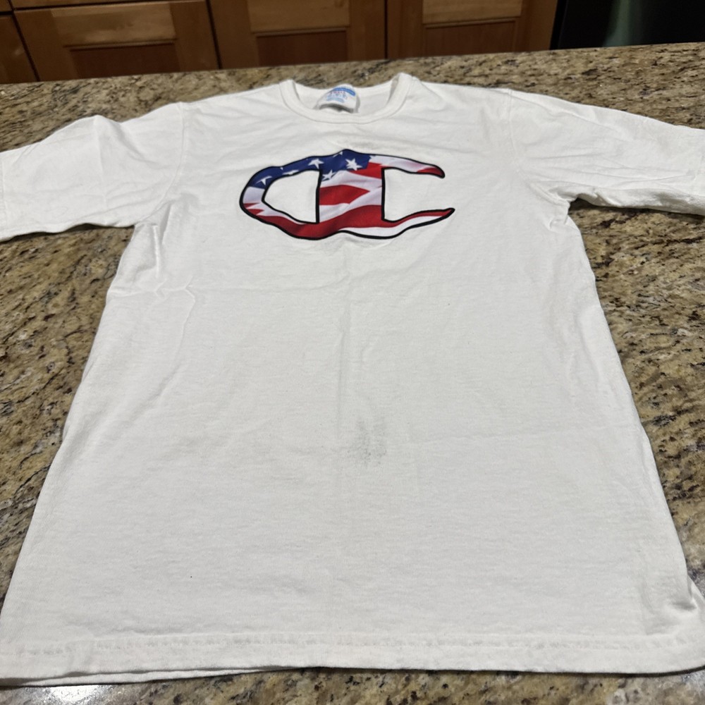 Vintage Champion Shirt Men’s Small American Flag Logo Gray Red White Blue USA Cp