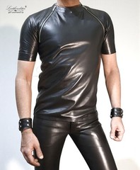 Black Leather Round Neck T shirt Slimfit with zip details, Fits Great