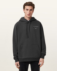 All Saints Mens Redact Washed Black Hoodie Relaxed Fit Embroidered Sweatshirt