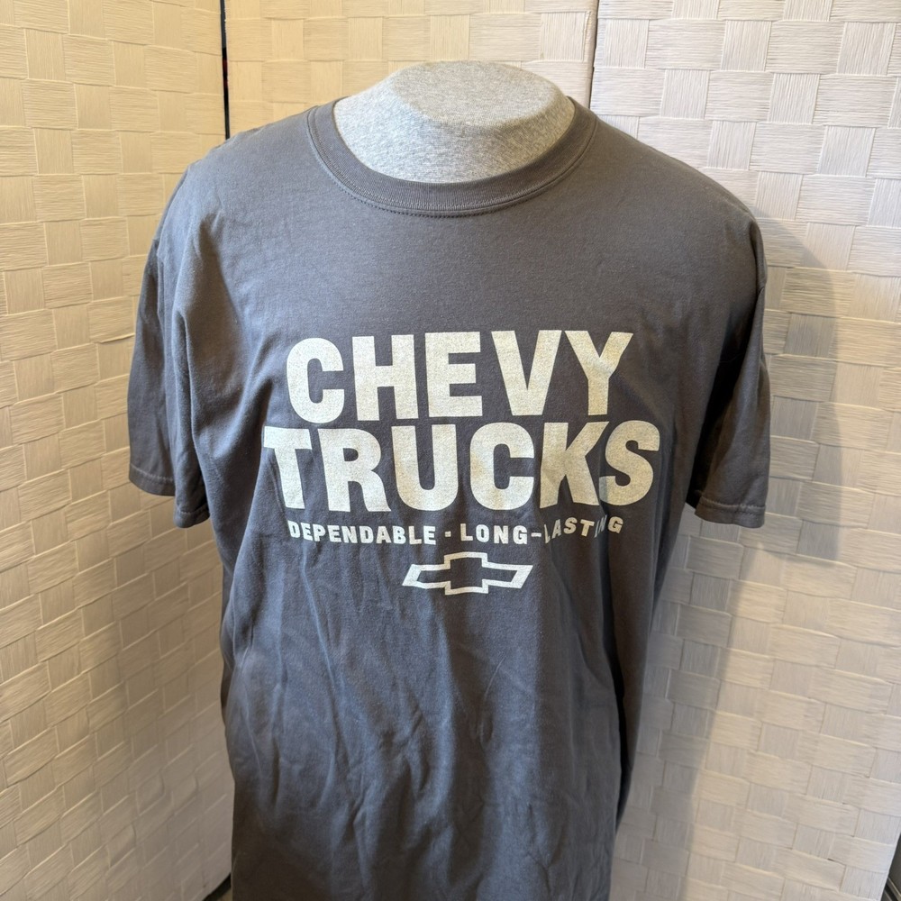 Mens Vintage T Shirt CHEVY TRUCKS DEPENDABLE LONG LASTING Size L Gilden Gray B