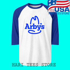 Arby’s Sugar Land Texas Restaurant Men’s Raglan White Blue Size S to 2XL