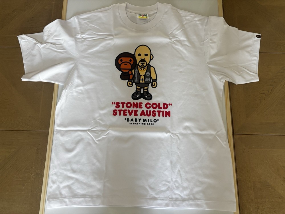 ape bape x WWE stone cold Steve Austin baby milo relaxed fit tee t shirt M new
