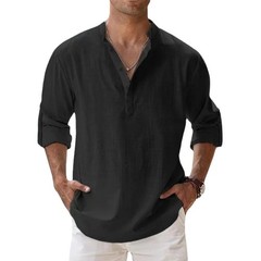 Men’s Cotton Linen Henley Long Sleeve Shirt Casual Beach T-shirt Tee Summer Gift