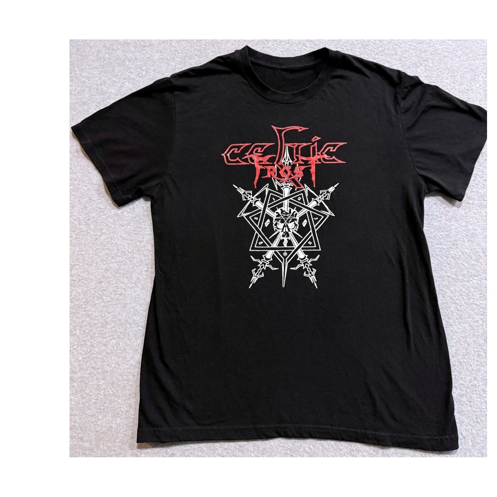 Celtic Frost Men Black T-Shirt Band Logo Occult Skull Short Sleeve Lightweight L
