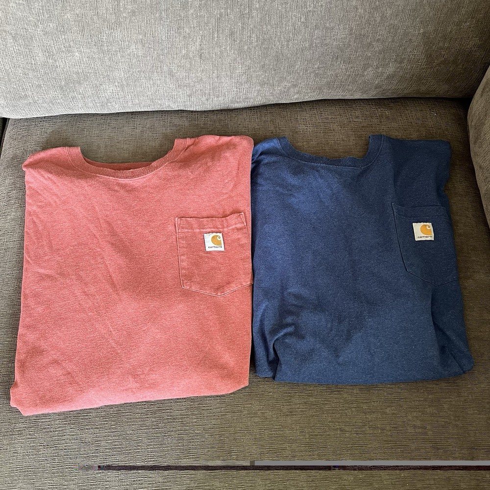 2- Carhartt T Shirts Men 3XL Loose Fit Blue & Rust Salmon Front Pockets Workwear