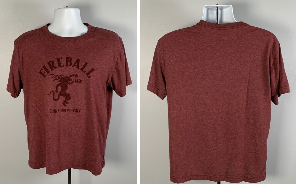 Fireball Cinnamon Whisky Devil Logo T Shirt Mens Large Cotton Poly Rayon Maroon