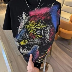 New Men Luxury Diamond Tiger Rhinestones Fashion T-Shirt High Quality 3 Colors