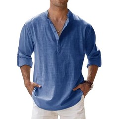 Men’s Cotton Linen Henley Long Sleeve Shirt Casual Beach T-shirt Tee Summer Gift