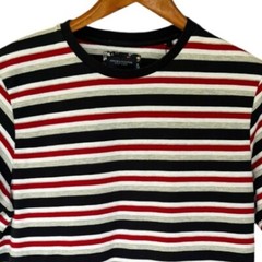 Denim & Flower Navy Blue, Red, White & Gray Striped T Shirt Size Large Crew Neck