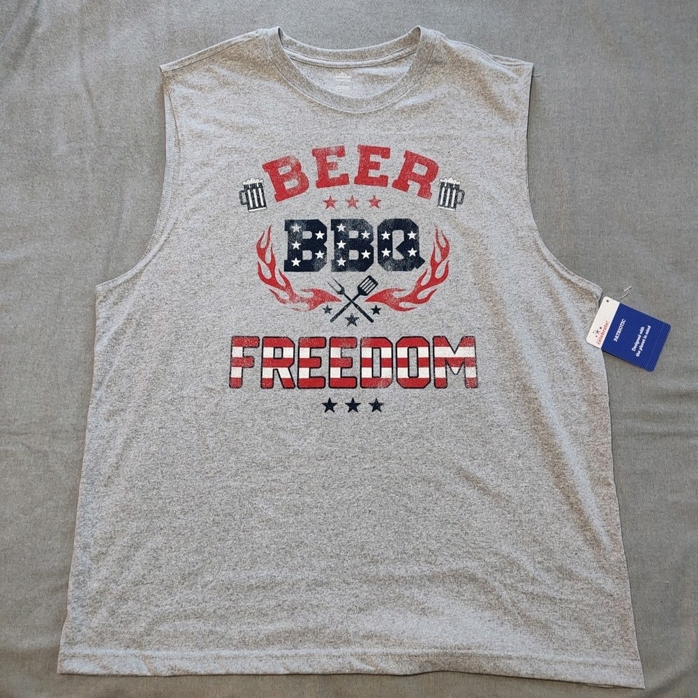 “Beer, BBQ, Freedom” – Gray/Red/White/Blue – Patriotic Muscle Shirt – Men’s