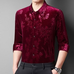 Men Velevt Blouse Shirts Tops Floral Printed Retro Plush Casual Formal Cardigan