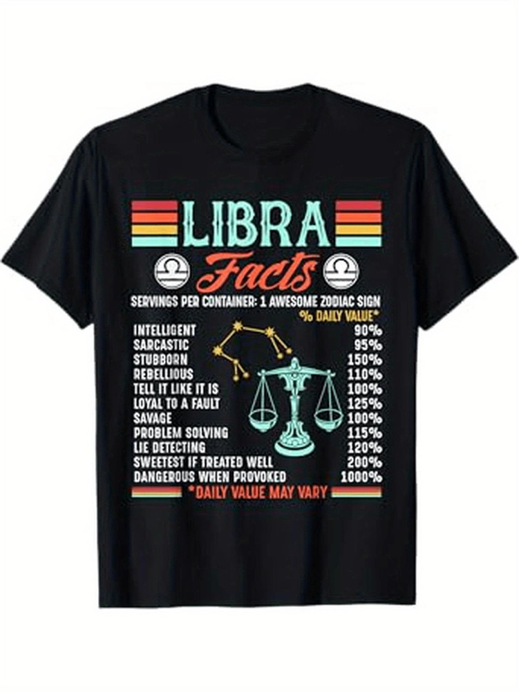 1pc Libra Zodiac Facts T-Shirt 100% Crew Neck Tee with Slight Stretch, Knit F