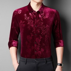 Men Velevt Blouse Shirts Tops Floral Printed Retro Plush Casual Formal Cardigan