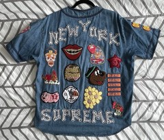 Supreme Patches Denim Baseball Jersey S/S 2021 Sz M 100 % Authentic