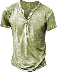 Mens Distressed Henley Shirt Short Sleeve Retro Washed Casual Slim Fit Tee