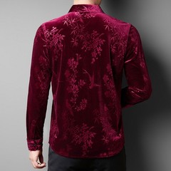 Men Velevt Blouse Shirts Tops Floral Printed Retro Plush Casual Formal Cardigan