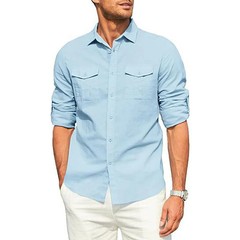 Men’s Cotton Linen Double Pocket Shirt Breathable Casual Smart Fit Holiday Gift