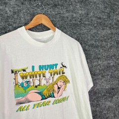 Vintage I Hunt White Tail All Year Long Shirt Size L / XL Hunting 90s Comic Joke