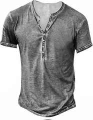 Mens Distressed Henley Shirt Short Sleeve Retro Washed Casual Slim Fit Tee