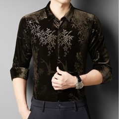 Men Velevt Blouse Shirts Tops Floral Printed Retro Plush Casual Formal Cardigan