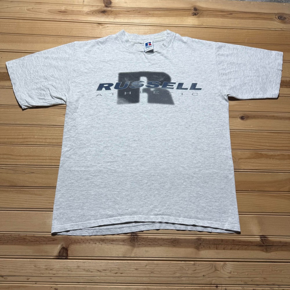 Vintage 90s Russell Athletic Big Logo Sportswear Graphic Heather Shirt USA Large