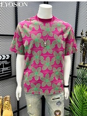 Men’s Pink Floral Print T-Shirt Casual Short Sleeve Cotton Crew Neck Summer Tee