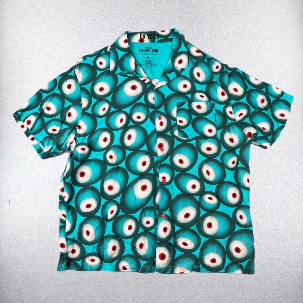 Universal Studios Villain-Con Shirt Mens XL Teal Minion Eye Print Rayon Button
