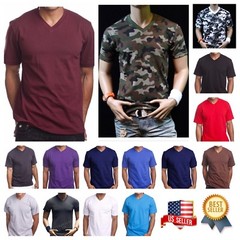 Mens T-Shirt HEAVY WEIGHT Plain V-Neck BIG AND TALL Camo Hunt GYM Active Tee