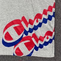 Champion Shirt Mens XL Gray Red Blue Script Logo Graphic Short Sleeve Crew Tee