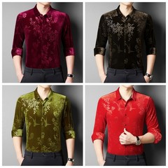 Men Velevt Blouse Shirts Tops Floral Printed Retro Plush Casual Formal Cardigan
