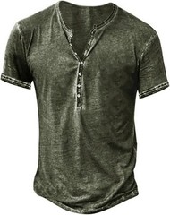 Mens Distressed Henley Shirt Short Sleeve Retro Washed Casual Slim Fit Tee