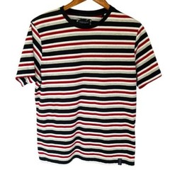 Denim & Flower Navy Blue, Red, White & Gray Striped T Shirt Size Large Crew Neck