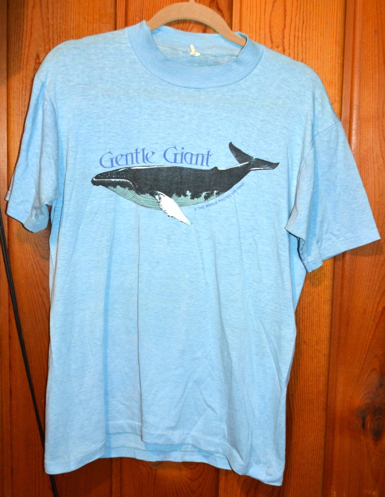 Vtg 70’s Gentle Giant Whales T Shirt Whale Protection Fund Blue Paper Thin M/L