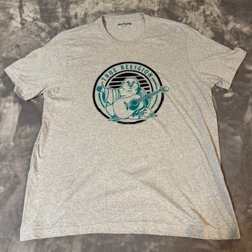 True Religion Mens XL Heather Gray Buddha Guitar Graphic T-Shirt Short Sleeve