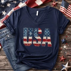 USA Faux Patchwork Bella Canvas V-Neck Shirt, 4th Of July Vneck Tee, Independenc